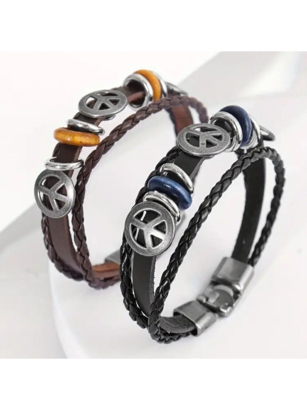 Boho Faux Leather Peace Sign Bracelet - Brown or Black #1539